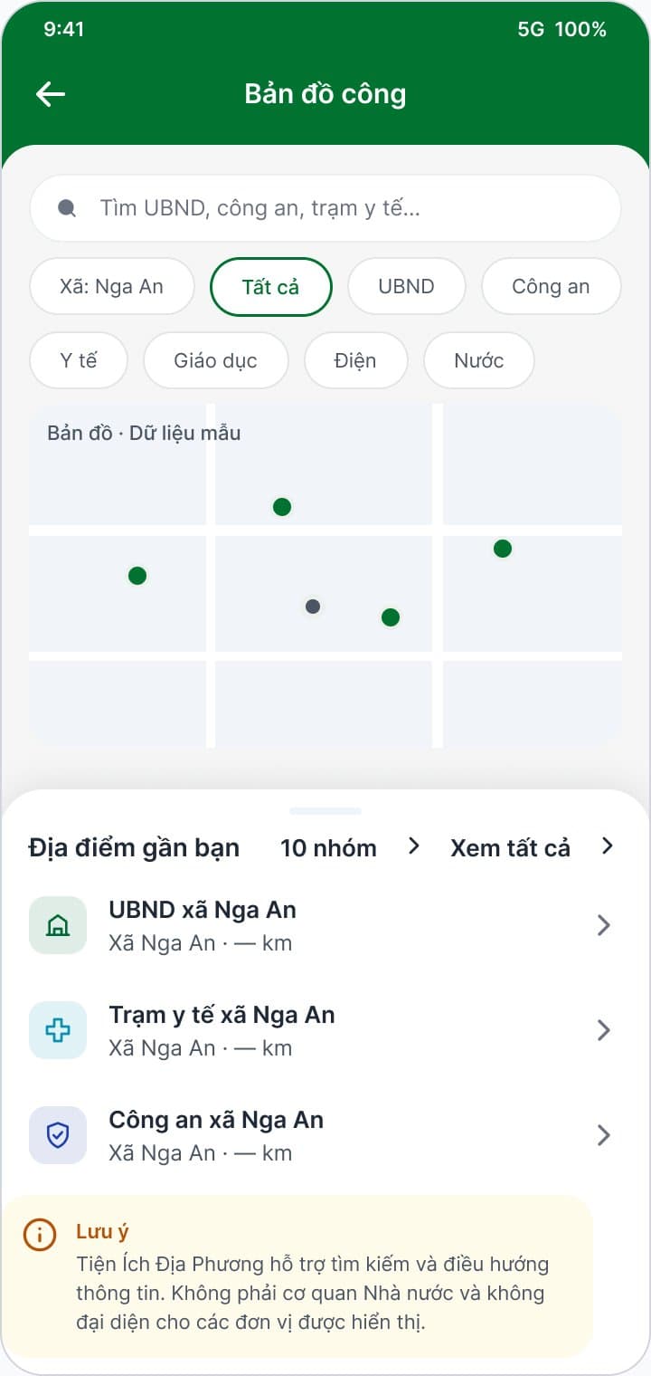 Màn hình Bản đồ công: tìm UBND, công an, trạm y tế gần bạn