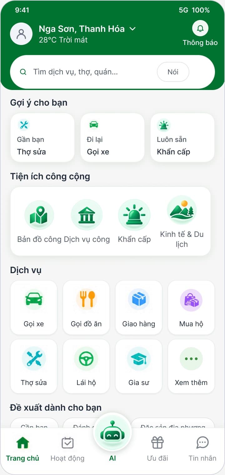 Màn hình Trang chủ ứng dụng Tiện Ích Địa Phương